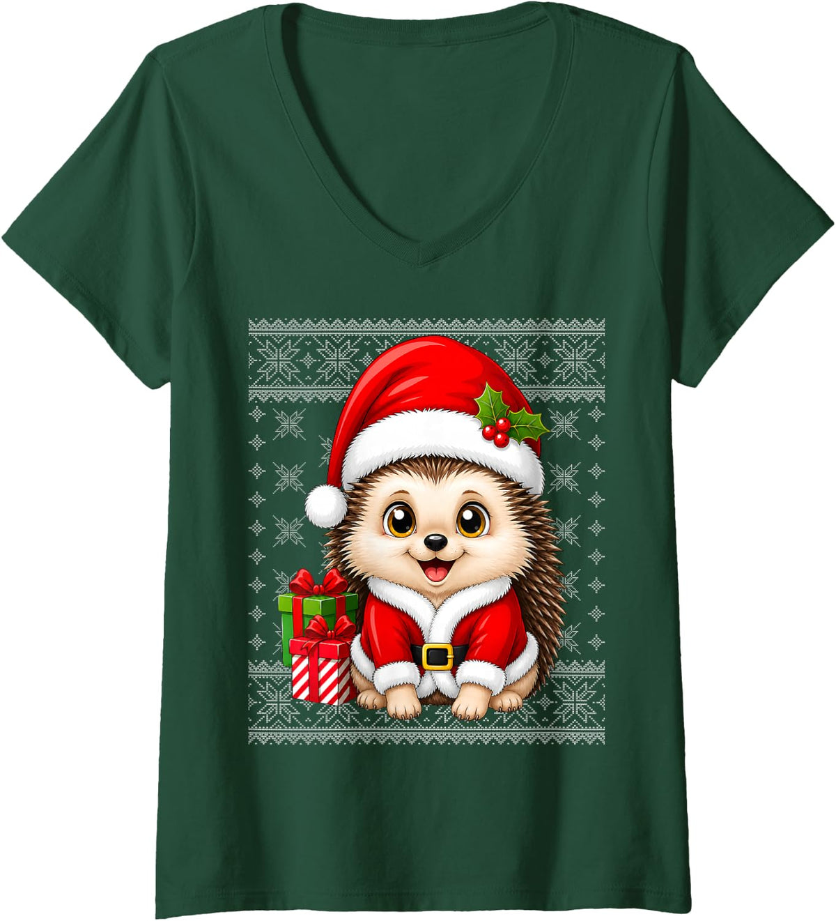 Women's Cute Hedgehog in Christmas Santa Costume Ugly Sweaters Xmas V-Neck T-Shirt - Dark Green