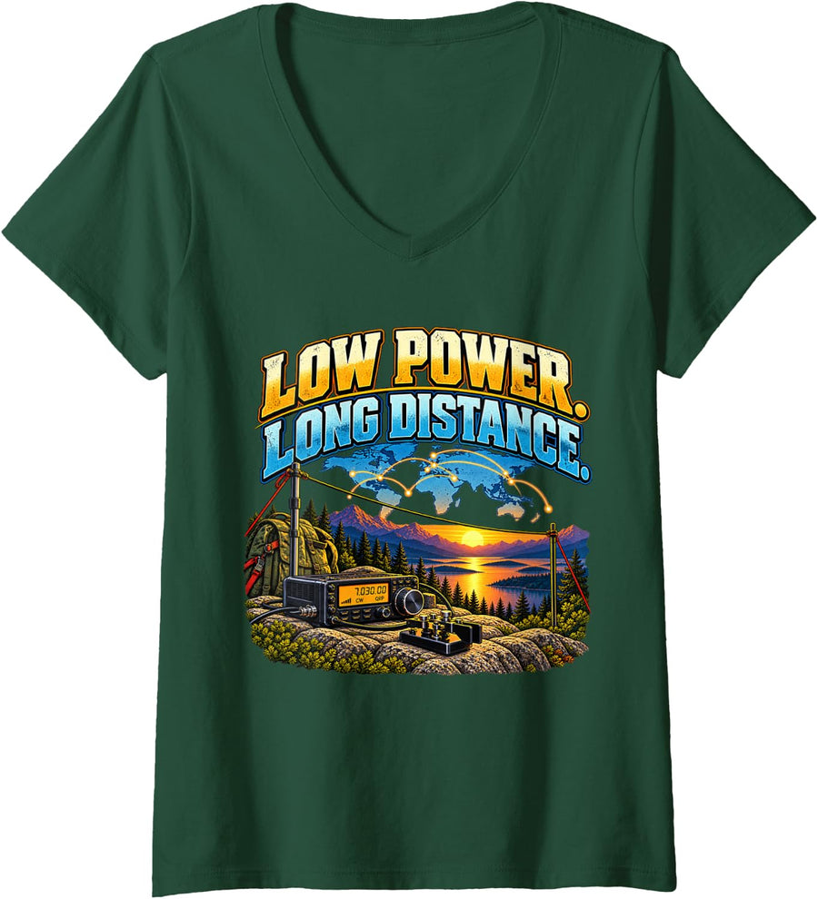Women's Low Power Long Distance QRP Ham Radio Amateur Radio CW V-Neck T-Shirt - Dark Green