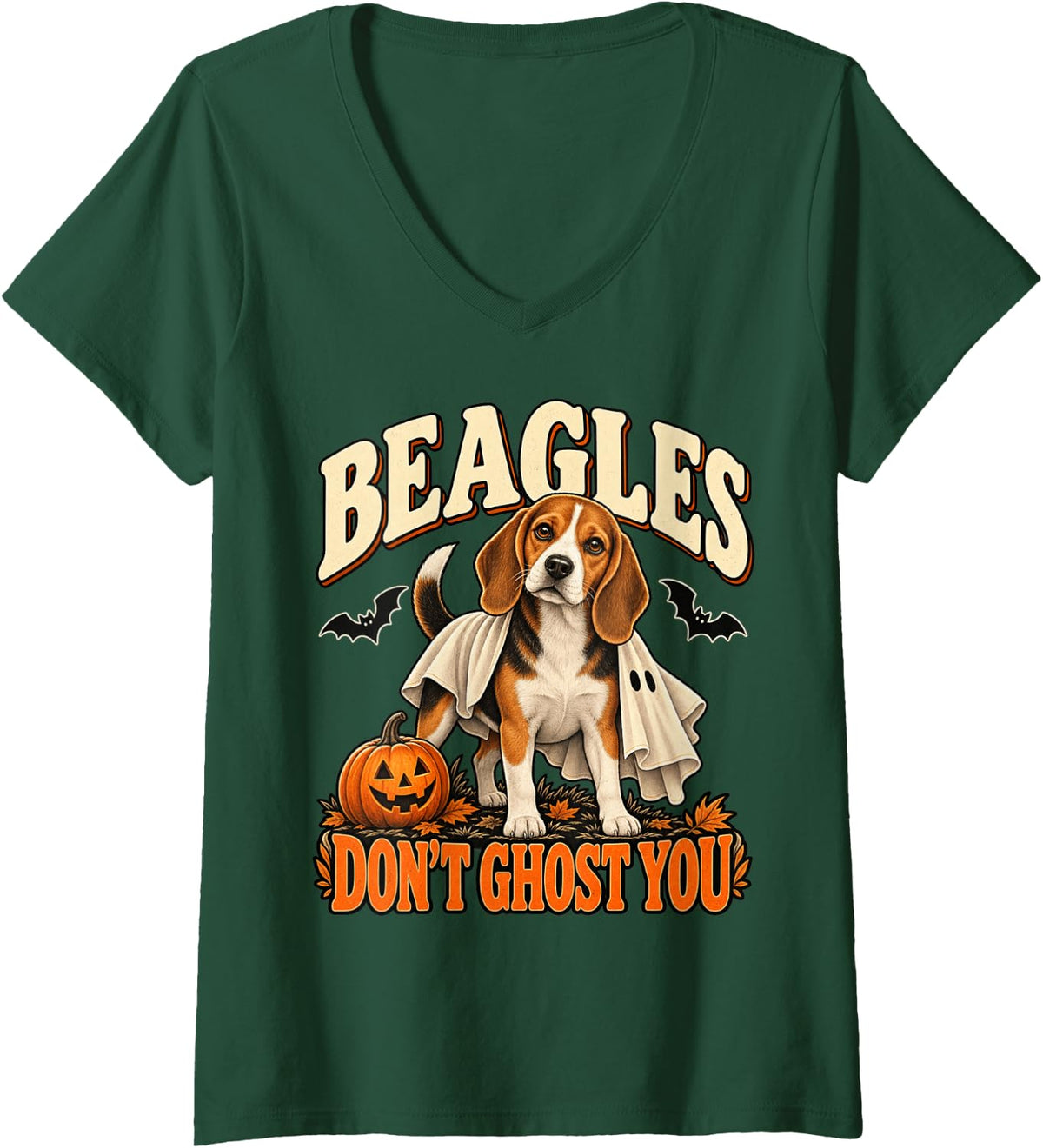 Women's Beagle Ghost Halloween Funny Dog Lover V-Neck T-Shirt - Dark Green