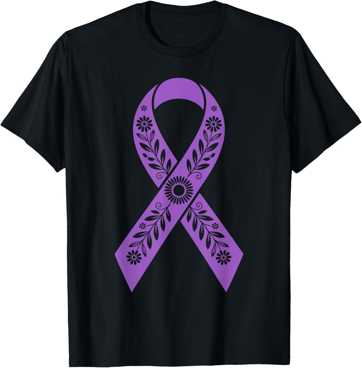 Floral Domestic Violence Purple Ribbon DV Awareness Support T-Shirt - Black