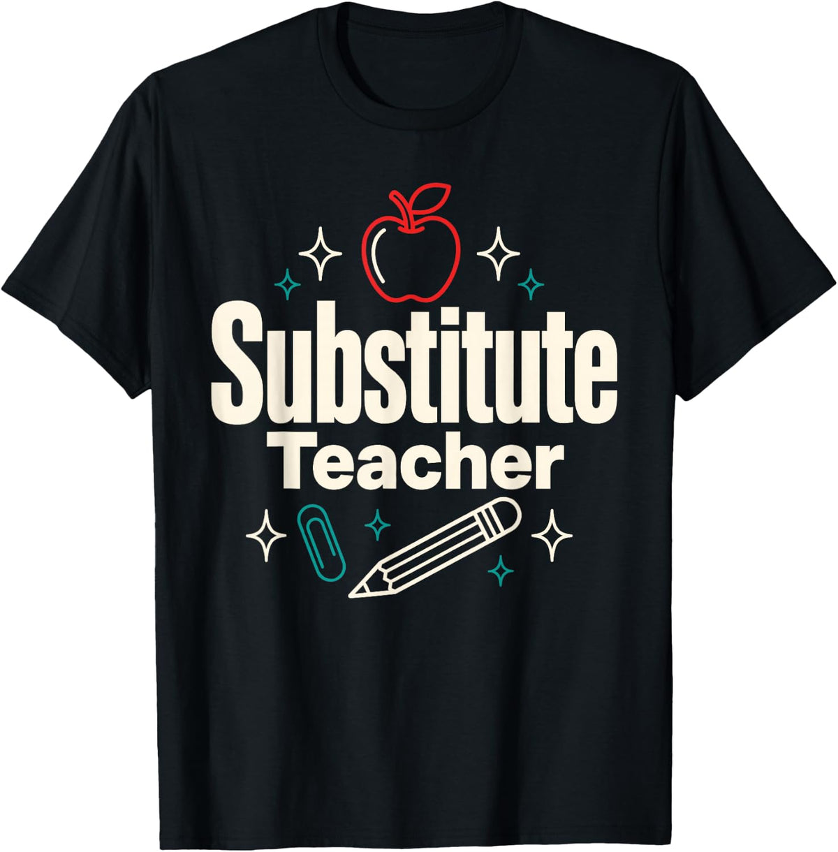 Substitute Teacher Pencil Paperclip T-Shirt - Black