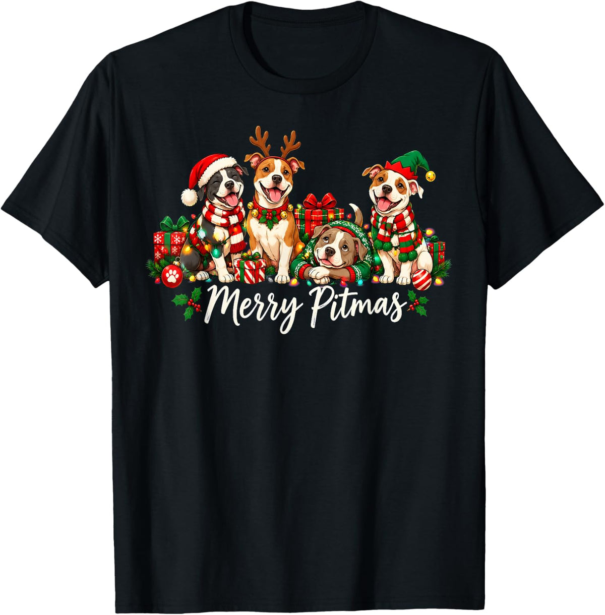 Merry Pitmas Christmas Pit Bull Lover Boys Girls Grandkids T-Shirt - Black