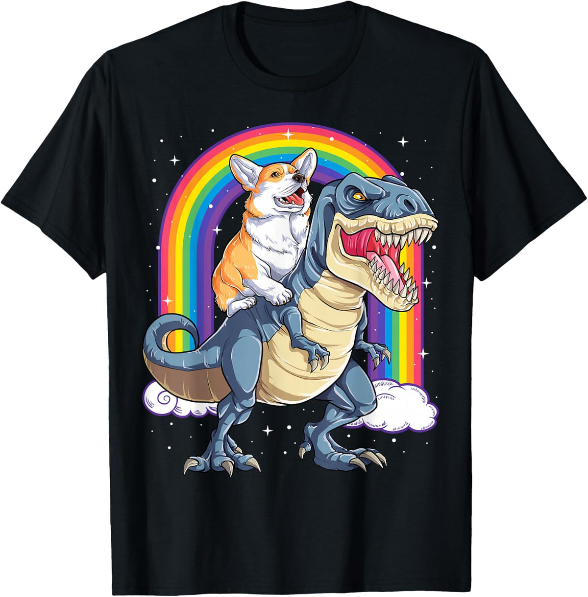Corgi Riding Dinosaur T-rex Gifts Men Women Rainbow Funny T-Shirt - Black