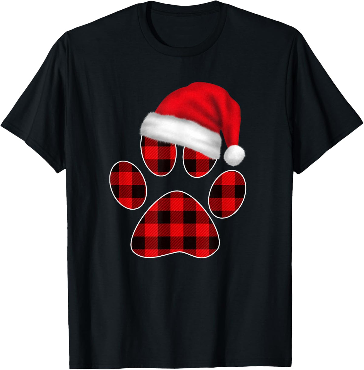 Cute Christmas Pajama Shirt Women Girls Plaid Paw Santa Hat Tee T-Shirt - Black