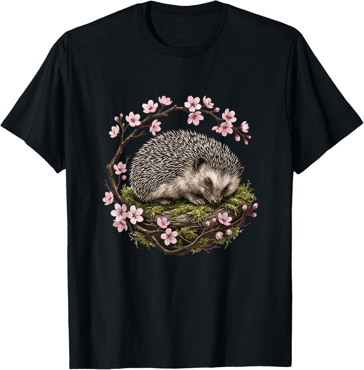 Cherry Blossoms - Watercolor Hedgehog T-Shirt - Black