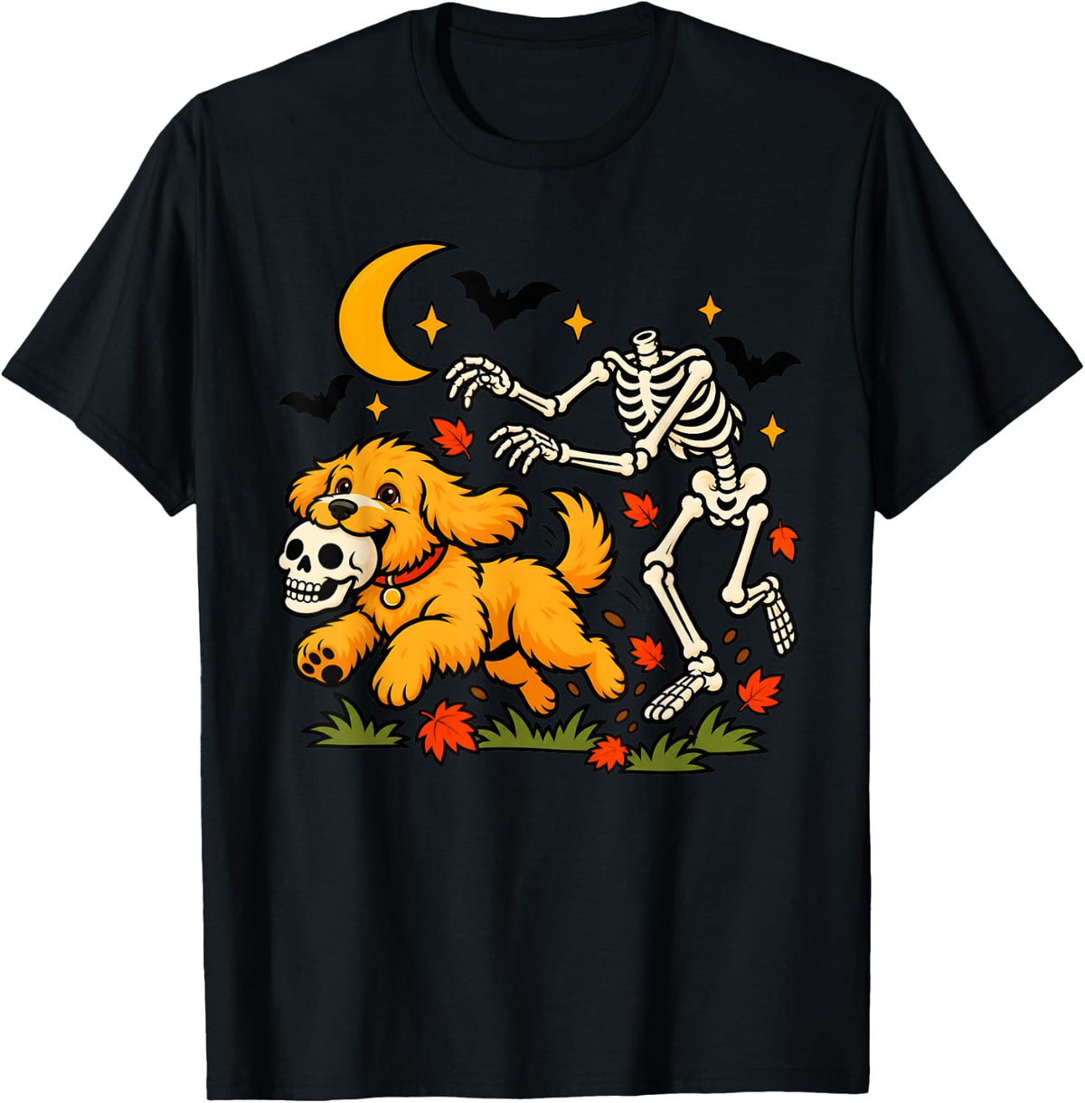 Goldendoodle Dog Stealing Skull from Skeleton Halloween T-Shirt - Black