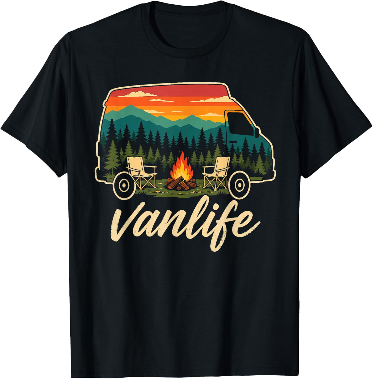 Camping Vanlife Camper Van Life Mountains Campfire Sunset T-Shirt - Black