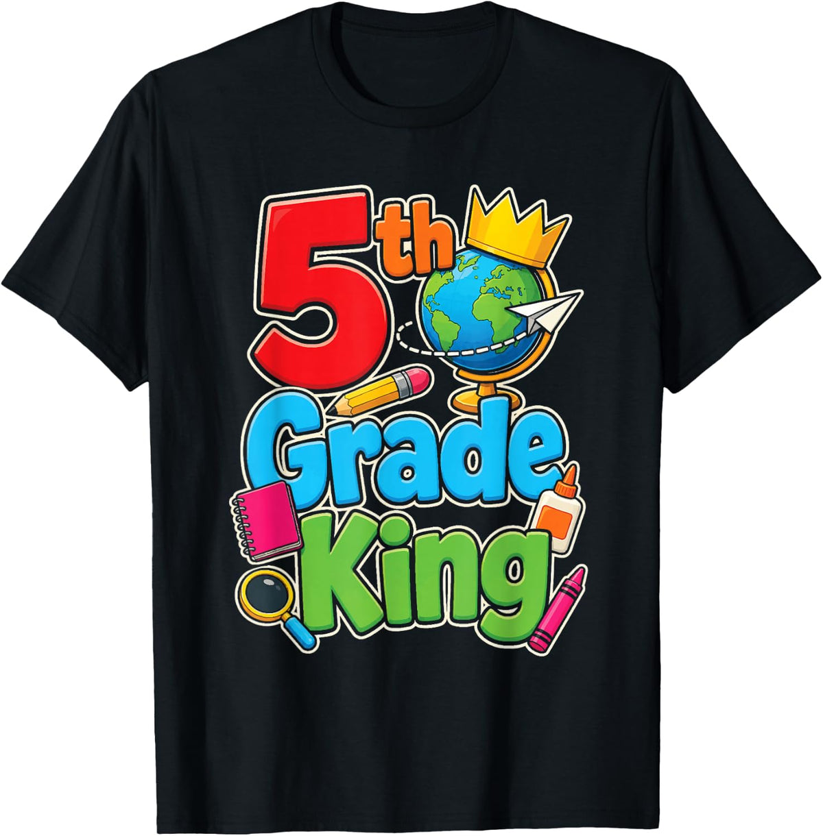 5th Grade King First Day of School Boys Crown Globe T-Shirt - Black