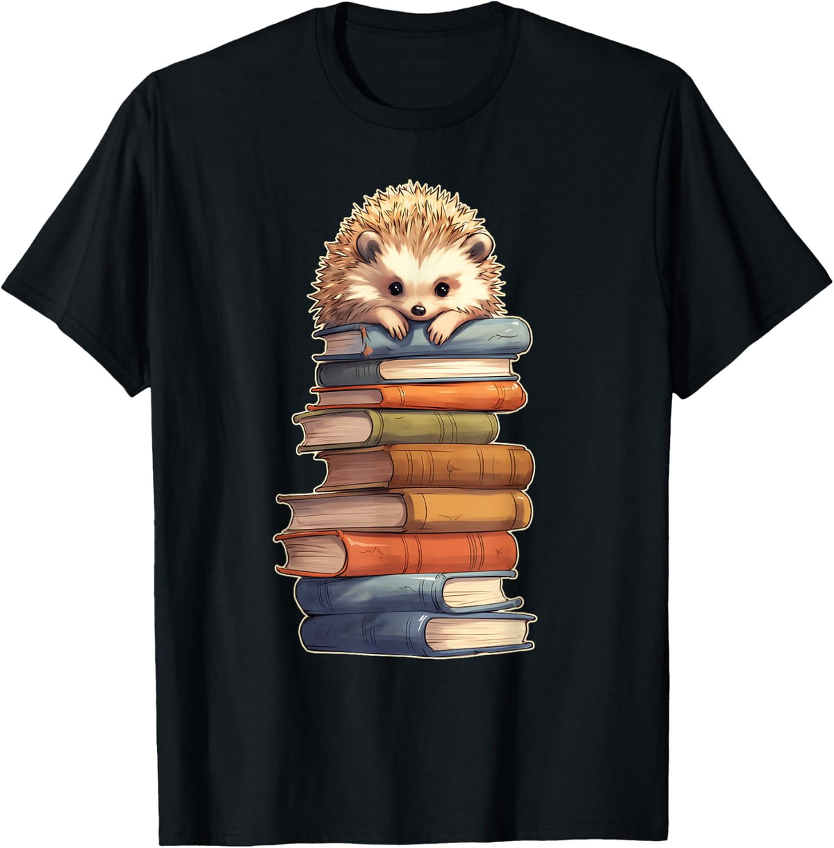 Hedgehog Books Stack of Books Reading Books T-Shirt - Black