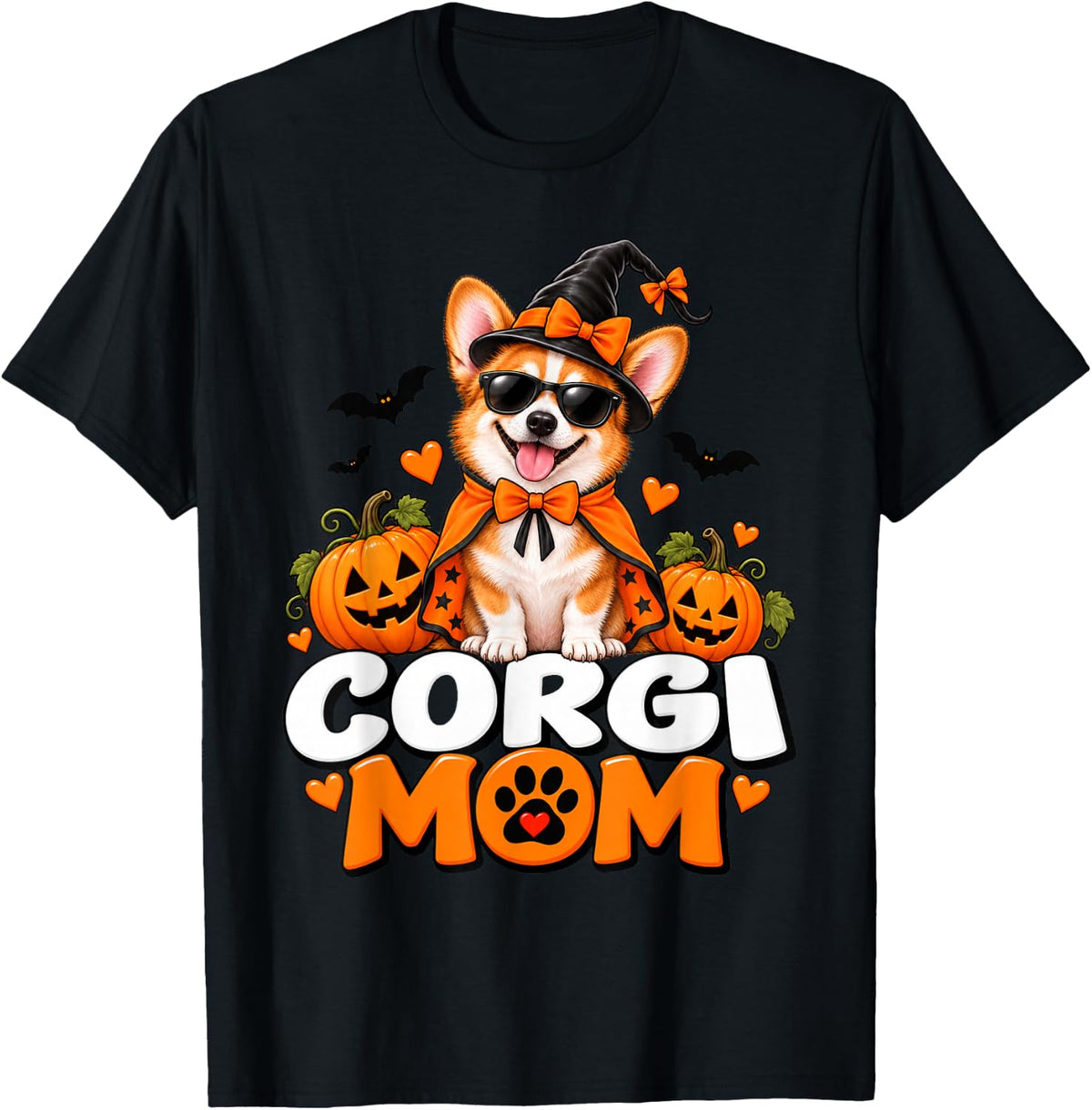 Corgi Mom Cute Halloween Witch Dog with Pumpkins and Bats T-Shirt - Black