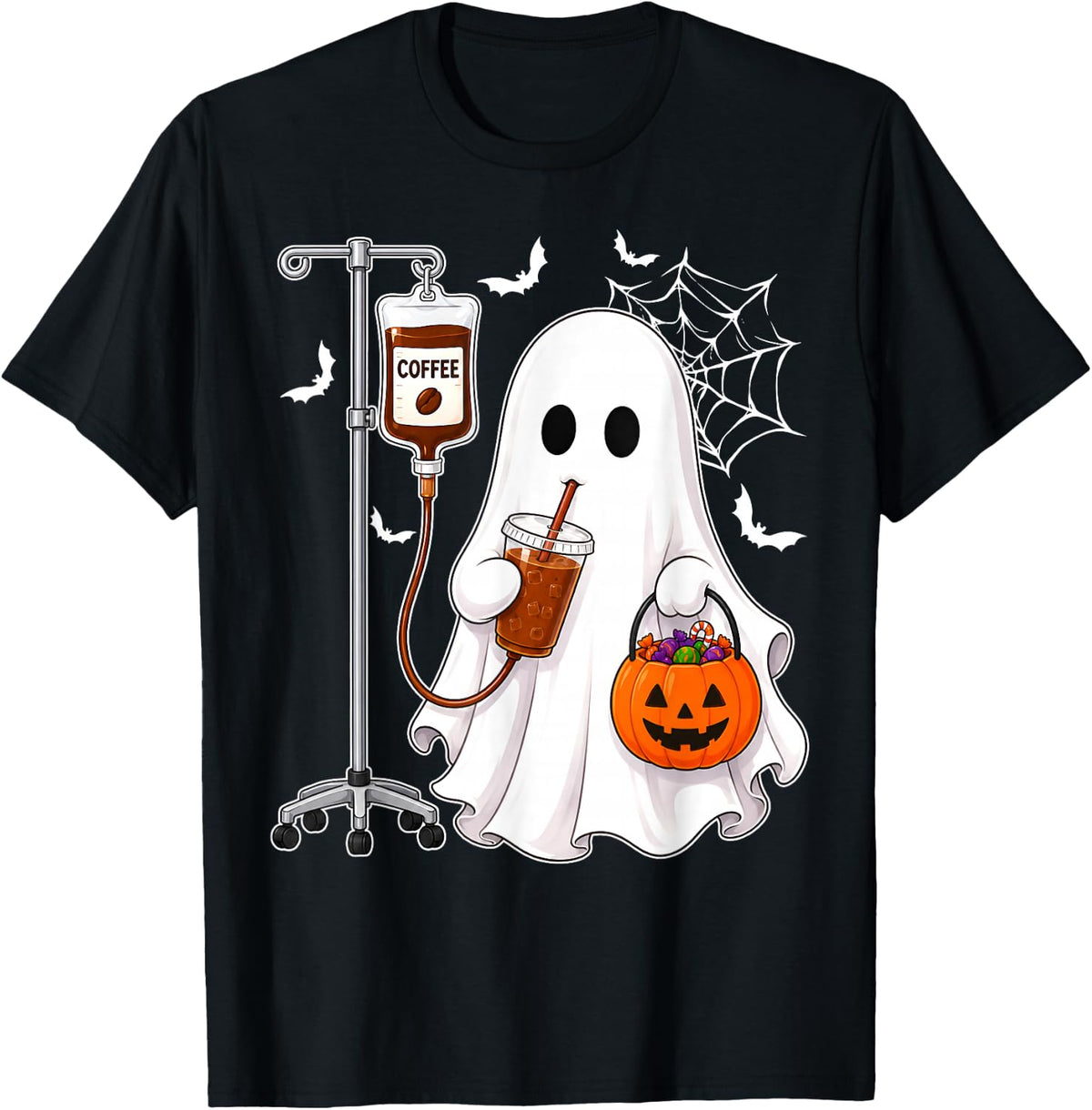 Boo Ghost Drinking Iced Coffee Lover Halloween Costume Party T-Shirt - Black
