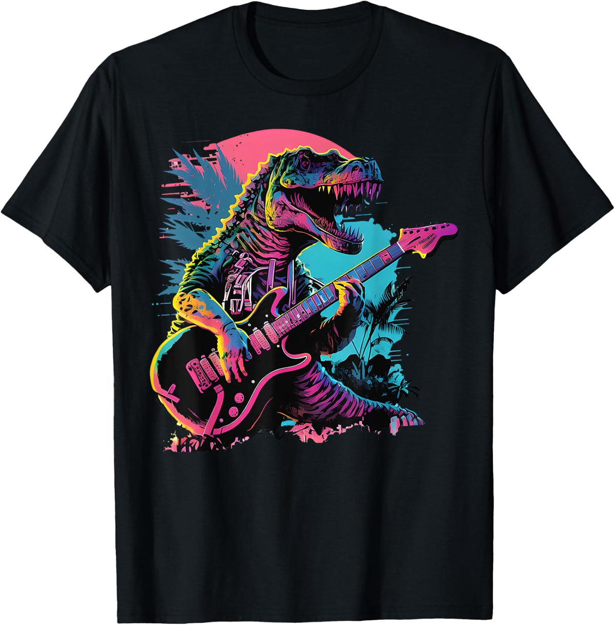 Dinosaur Player Guitar Colorful Guitar Player T-Rex Dinosaur T-Shirt - Black