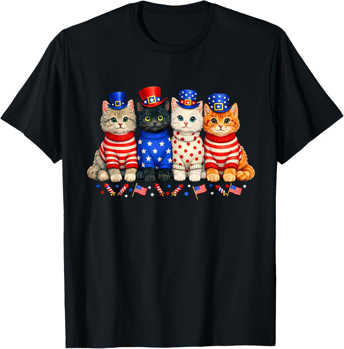 4th of July Patriotic Cats Flags Fireworks Independence Day T-Shirt - Black