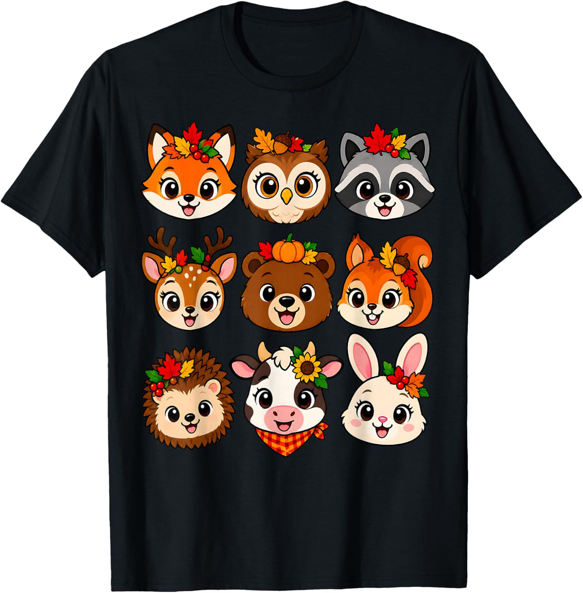 Fall Autumn Forest Animals Leaves Flower Friends T-Shirt - Black