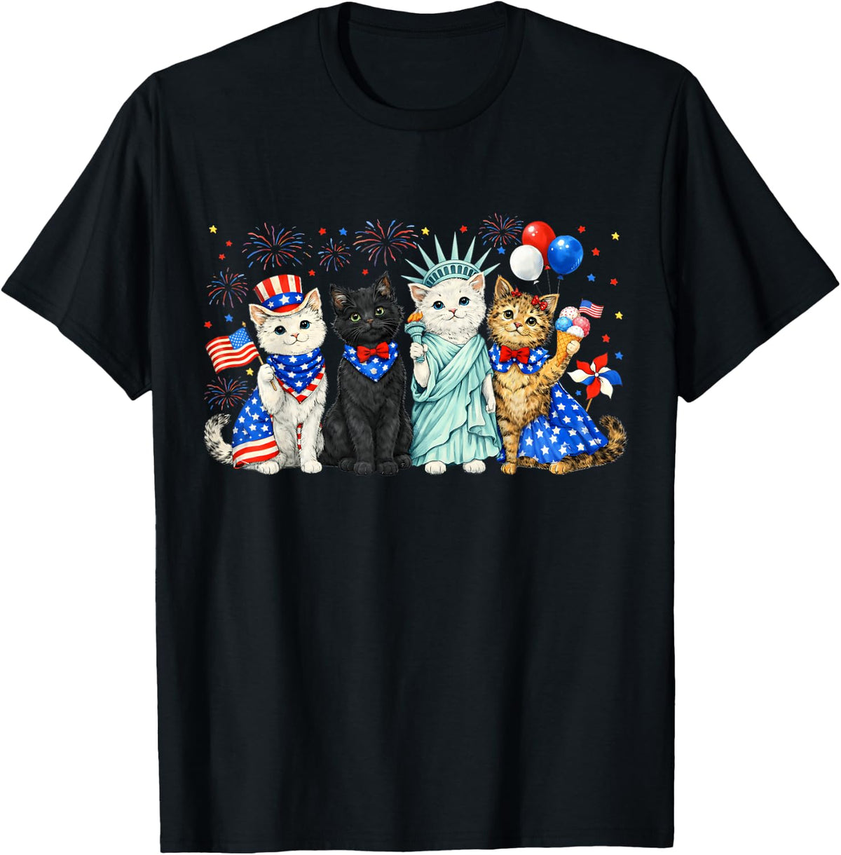 4th of July Cute Cat American Flag Vintage Cat Lover Women T-Shirt - Black