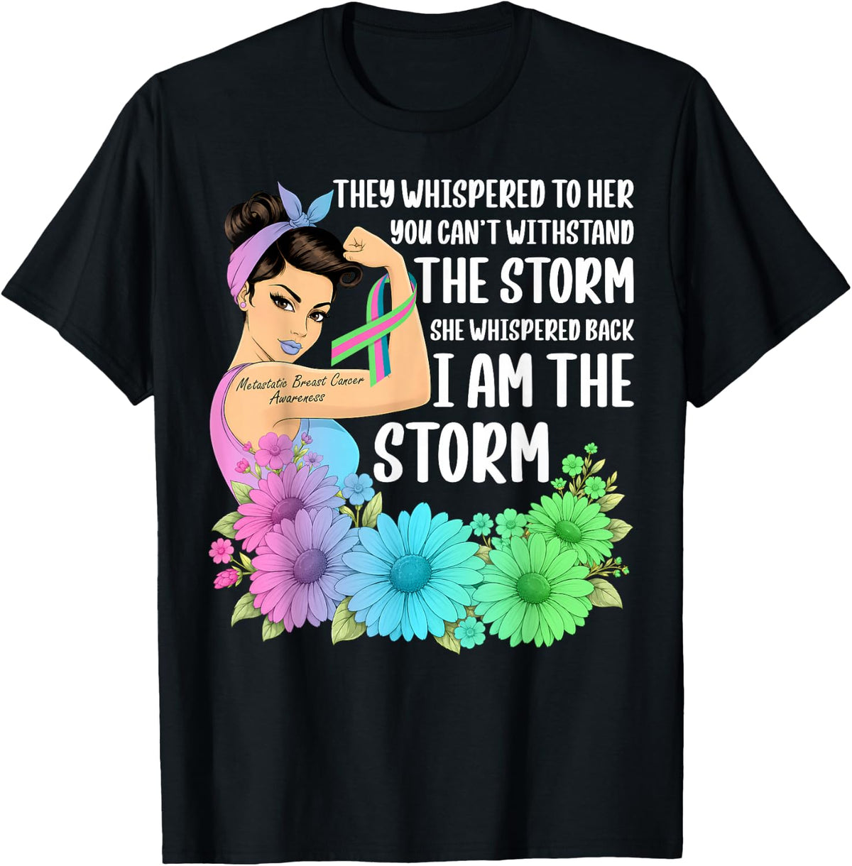 Metastatic Breast Cancer Warriors Pink Teal & Green Ribbon T-Shirt - Black
