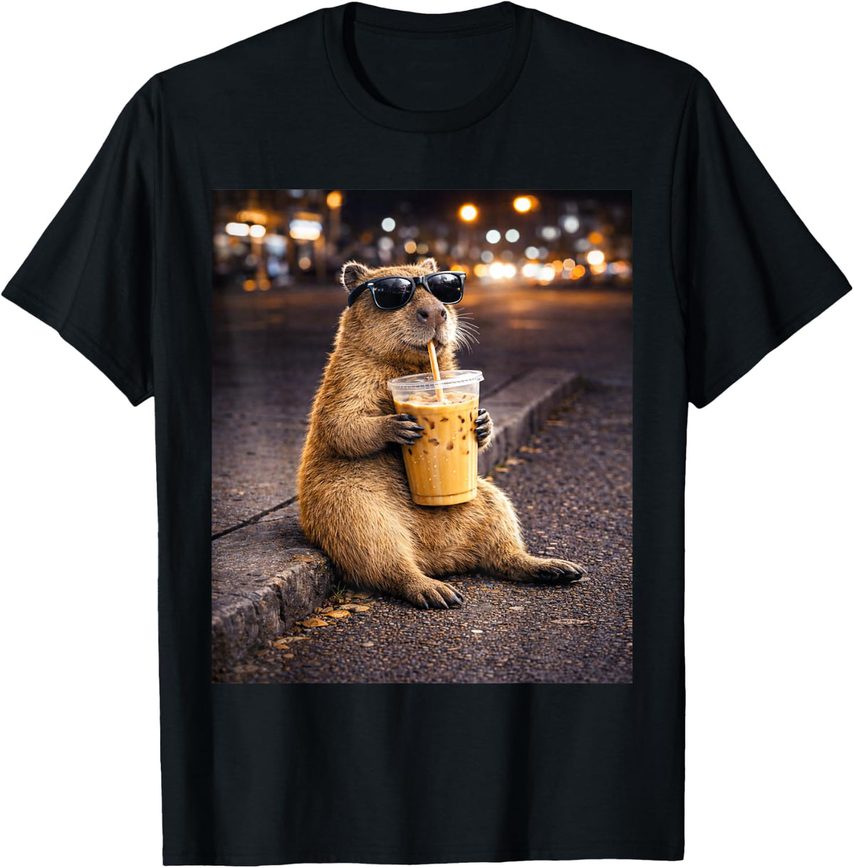 Funny Capybara Drinking Iced Coffee Meme T-Shirt Tee for Men Women Boys Girls - Black