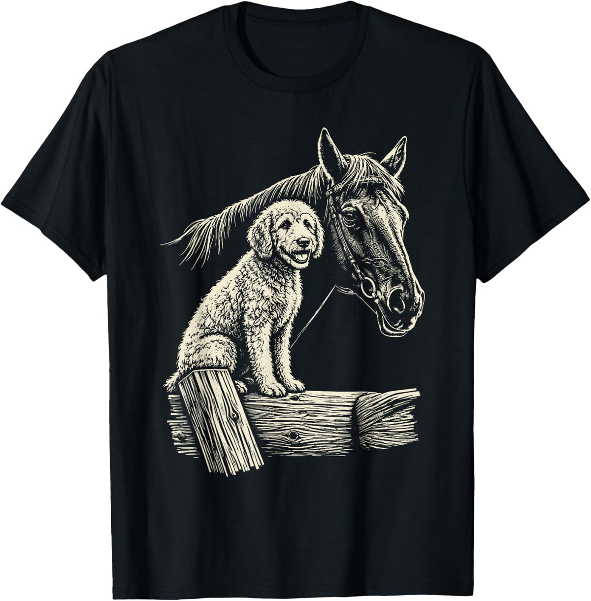 Cute Horse and Goldendoodle Dog Line Art Sketch Design T-Shirt - Black