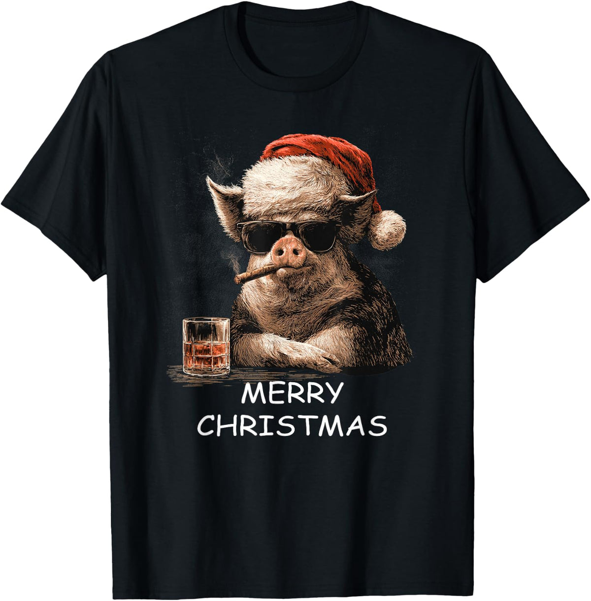 Cool Santa Pig Christmas Holiday Funny Pig T-Shirt - Black