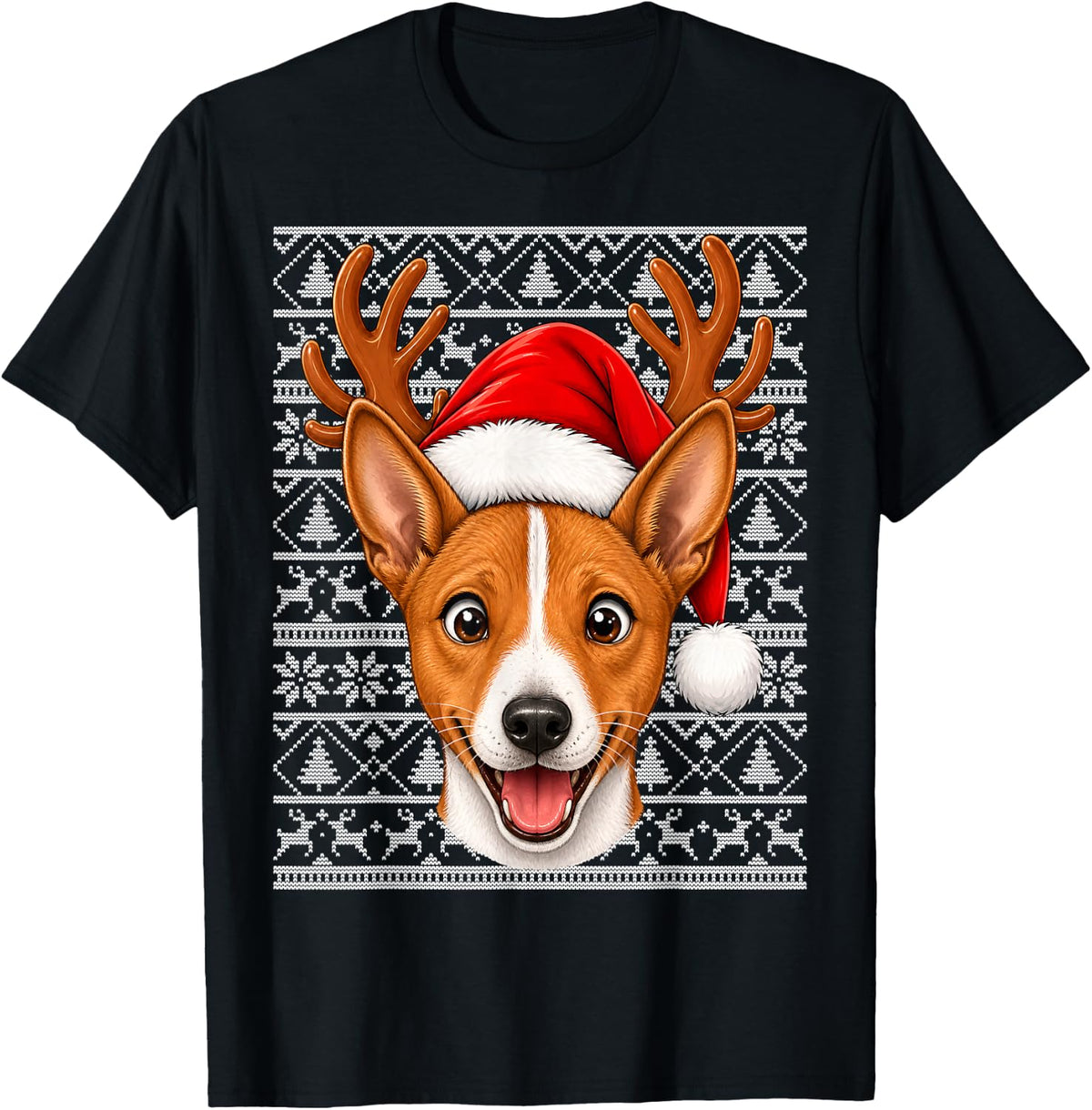Basenji Dog Christmas Santa Hat Ugly Sweater Basenji Xmas T-Shirt - Black