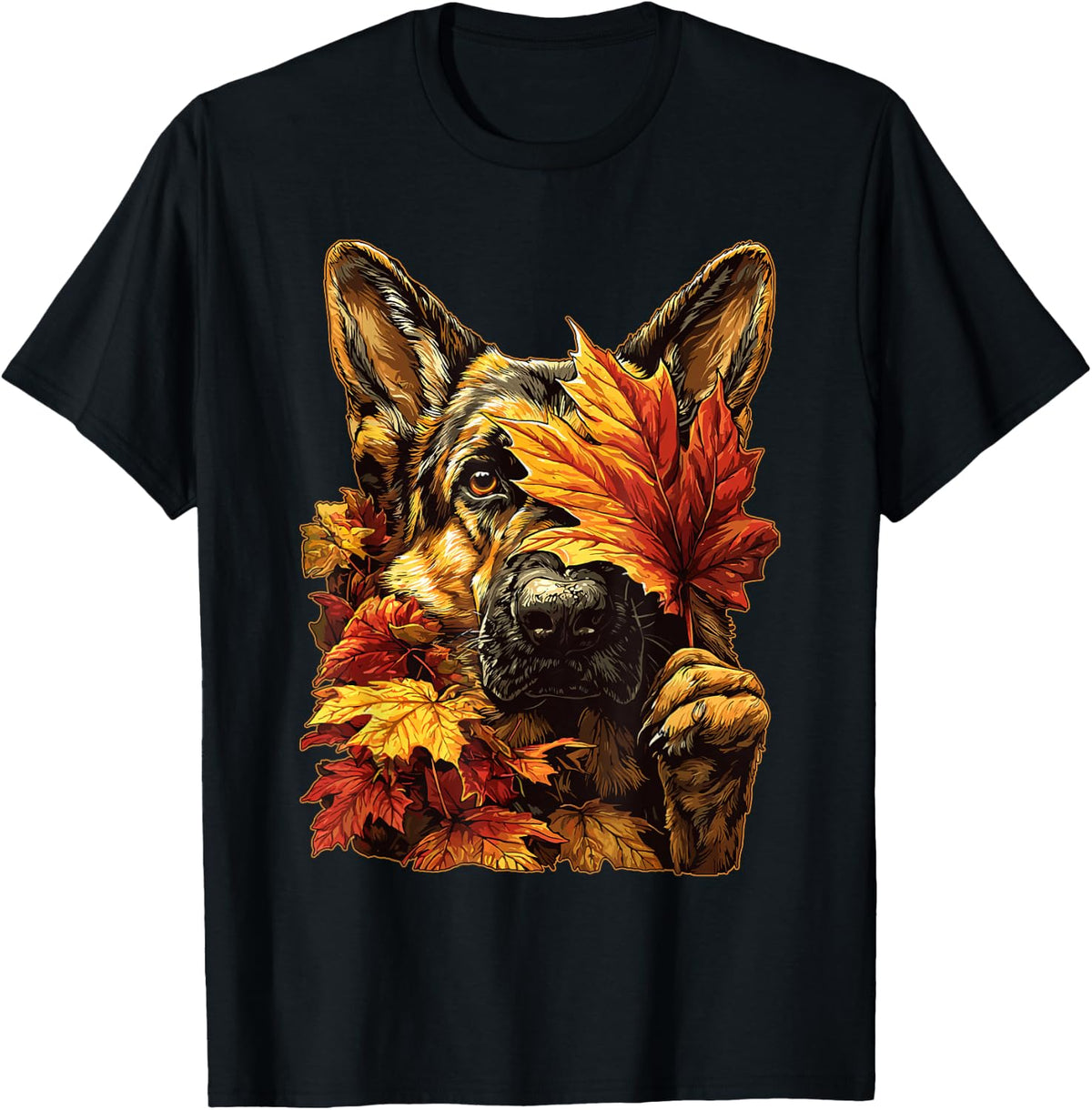 Fall German Shepherd with Maple Leaves Cute Autumn Dog T-Shirt - Black