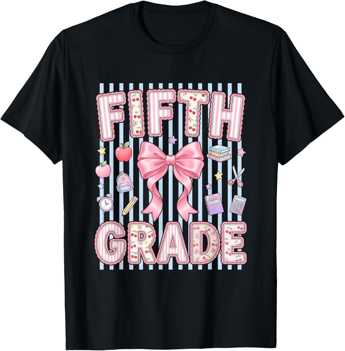 Fifth Grade Girls Back to School Pink Bow Student T-Shirt - Black