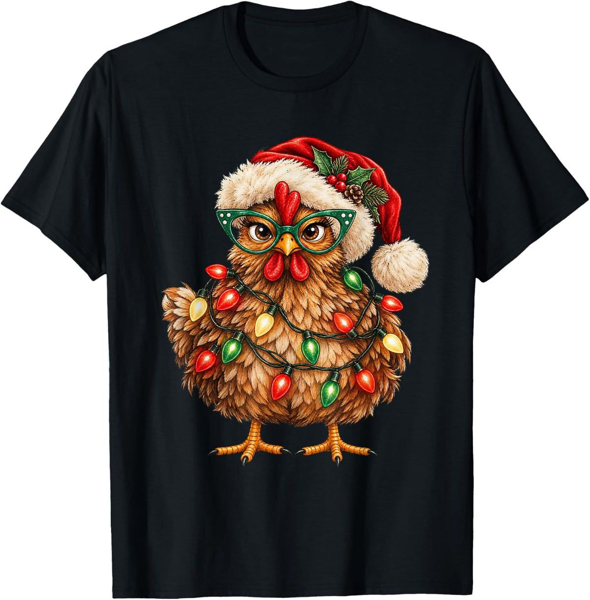Christmas Lights Chicken Santa Sunglass Funny Xmas Tree T-Shirt - Black