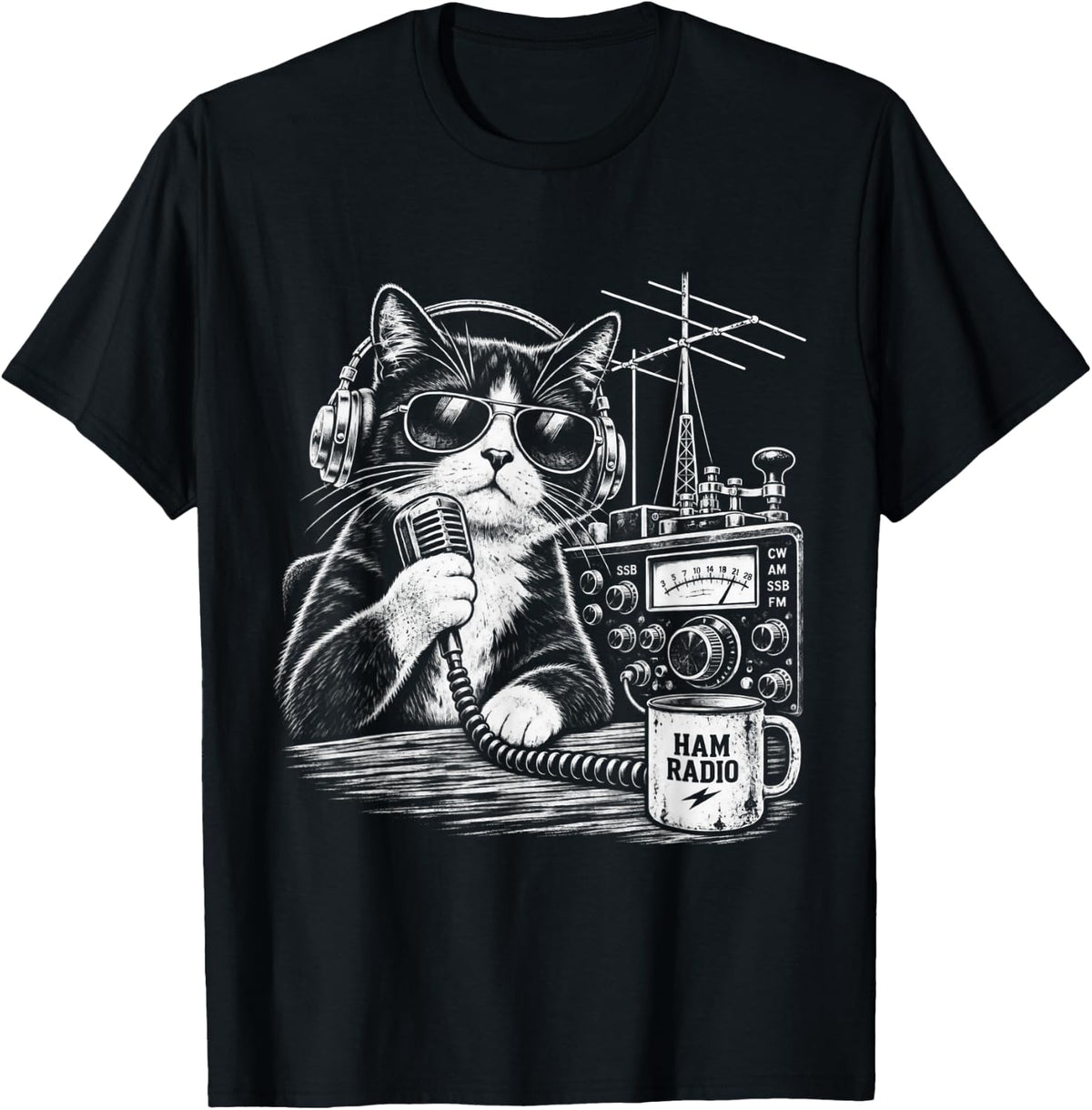 Ham Radio Cat Amateur Radio Operator Funny Radio Station T-Shirt - Black