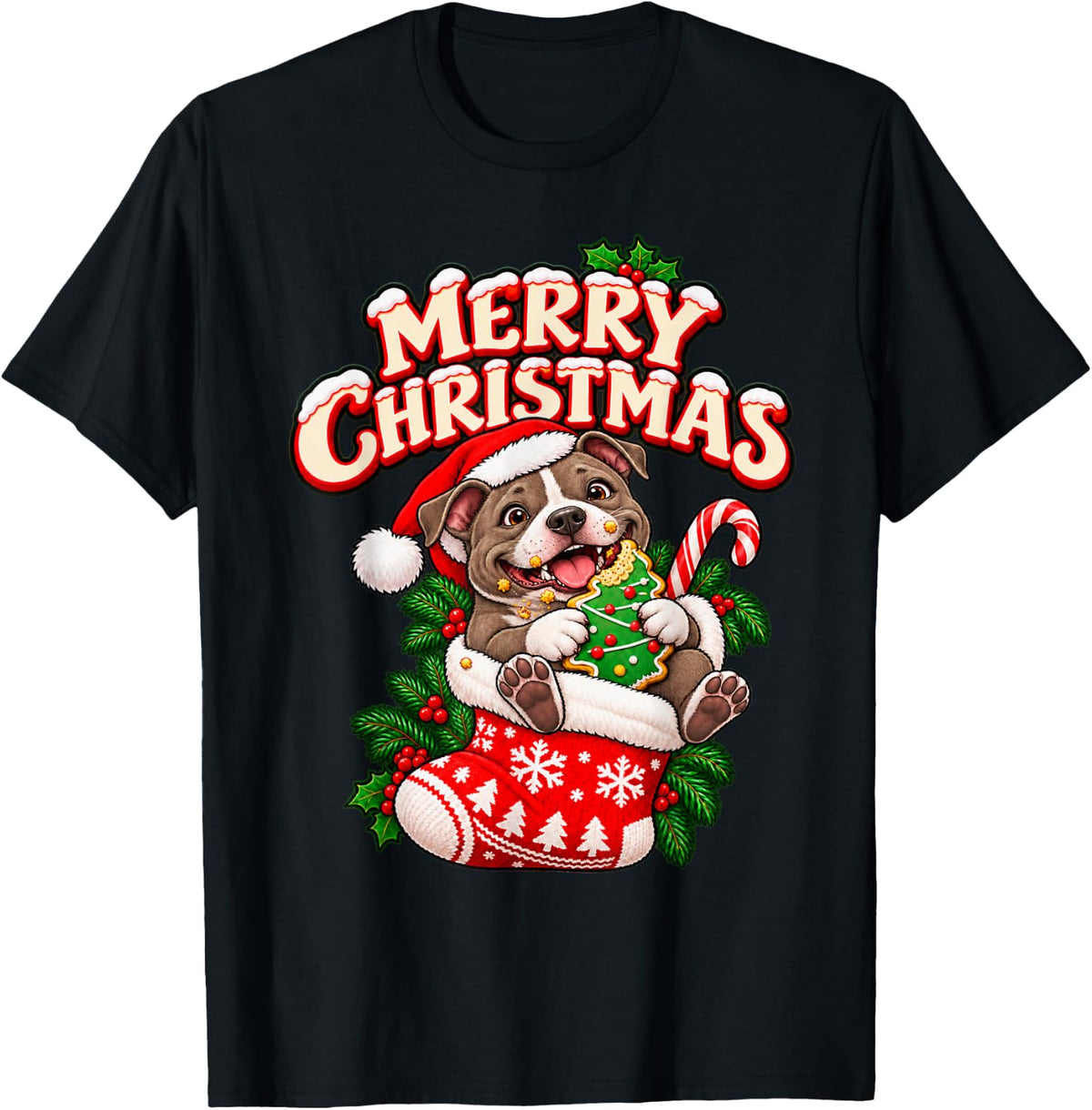 Merry Christmas Happy Pitbull Cute Stocking Funny T-Shirt - Black