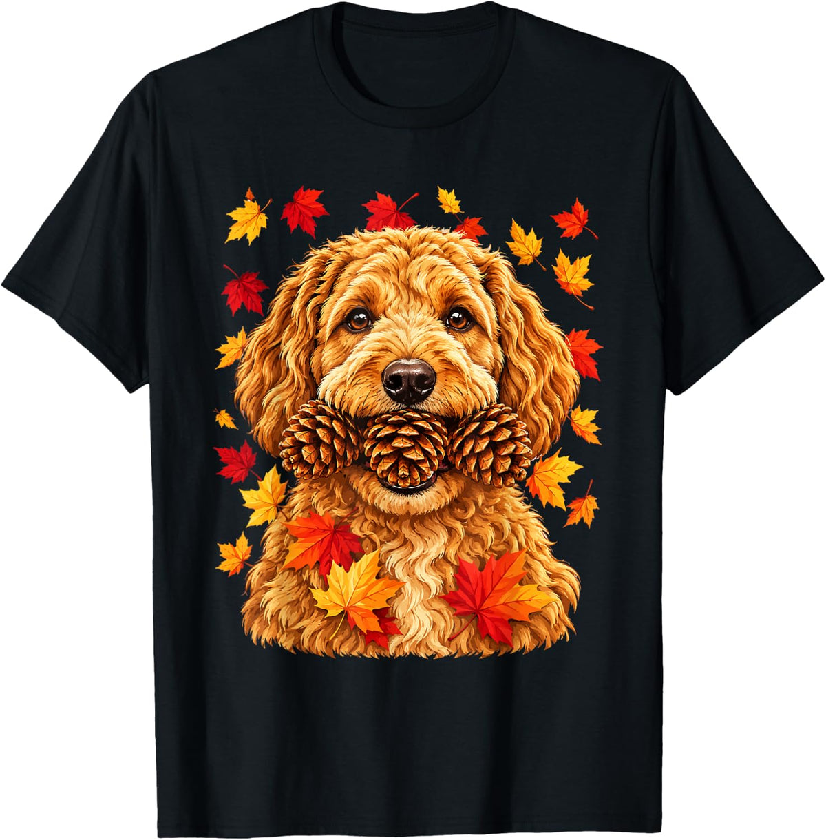 Fall Goldendoodle and Pine Cones Cute Dog with Maple Leaves T-Shirt - Black