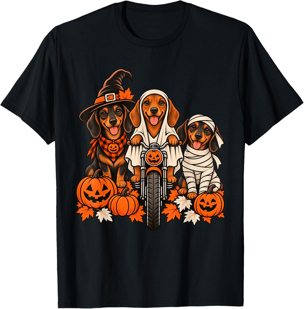 Fall Ghost Dachshund Dog Motorcycle Lovers Halloween T-Shirt - Black