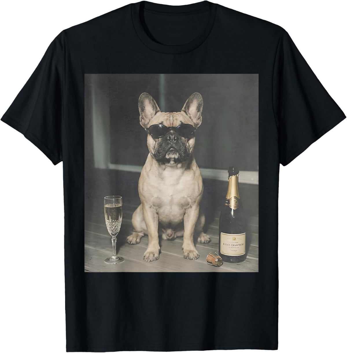 French Bulldog Drinking Champagne Funny Dog Meme T-Shirt - Black