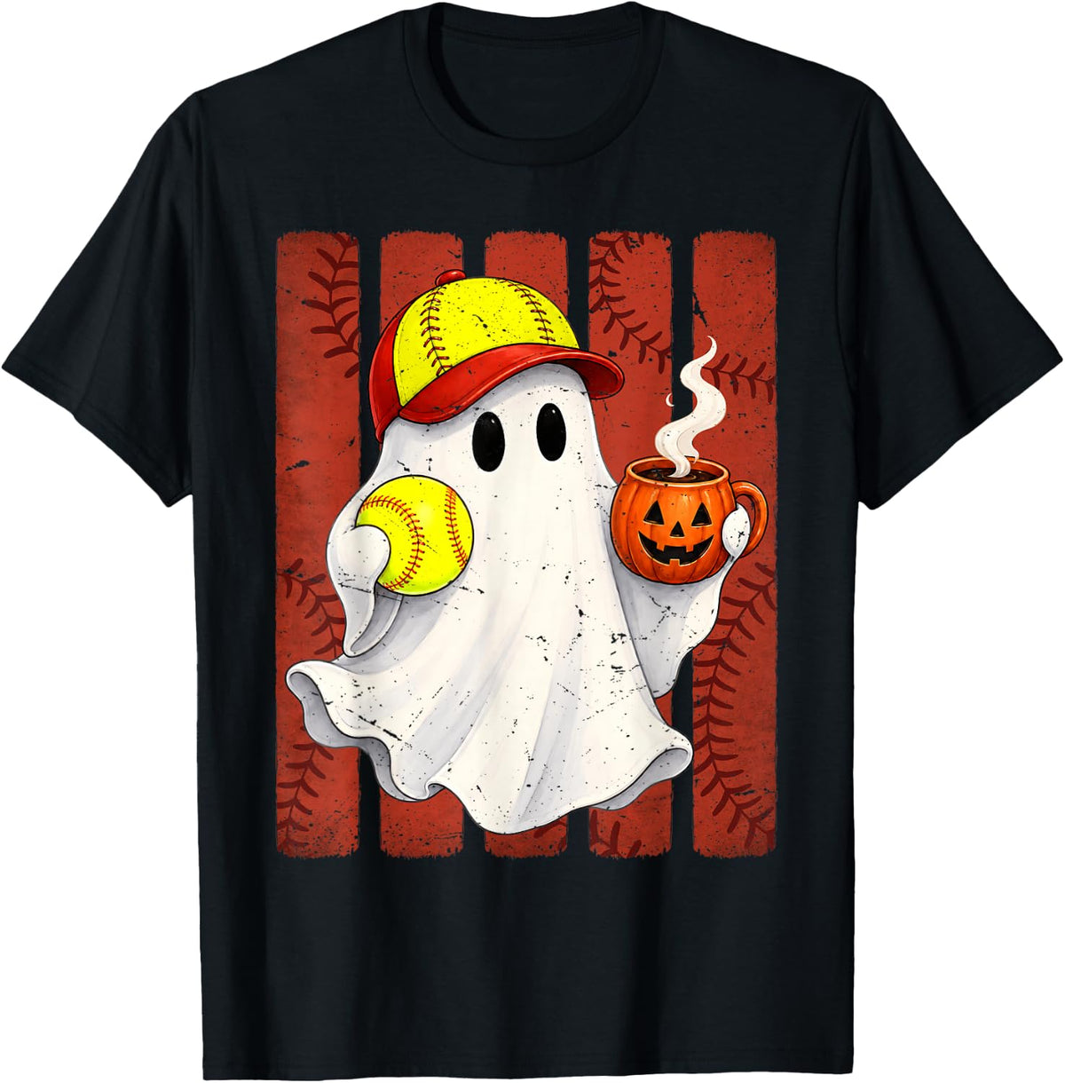 Halloween Softball Ghost Pumpkin Spice Striped Boys Men Kids T-Shirt - Black