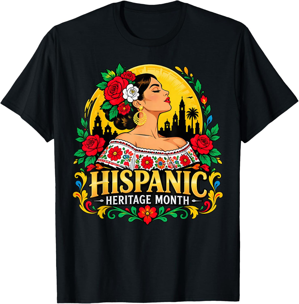 Hispanic Heritage Month Latina Floral Celebration T-Shirt - Black