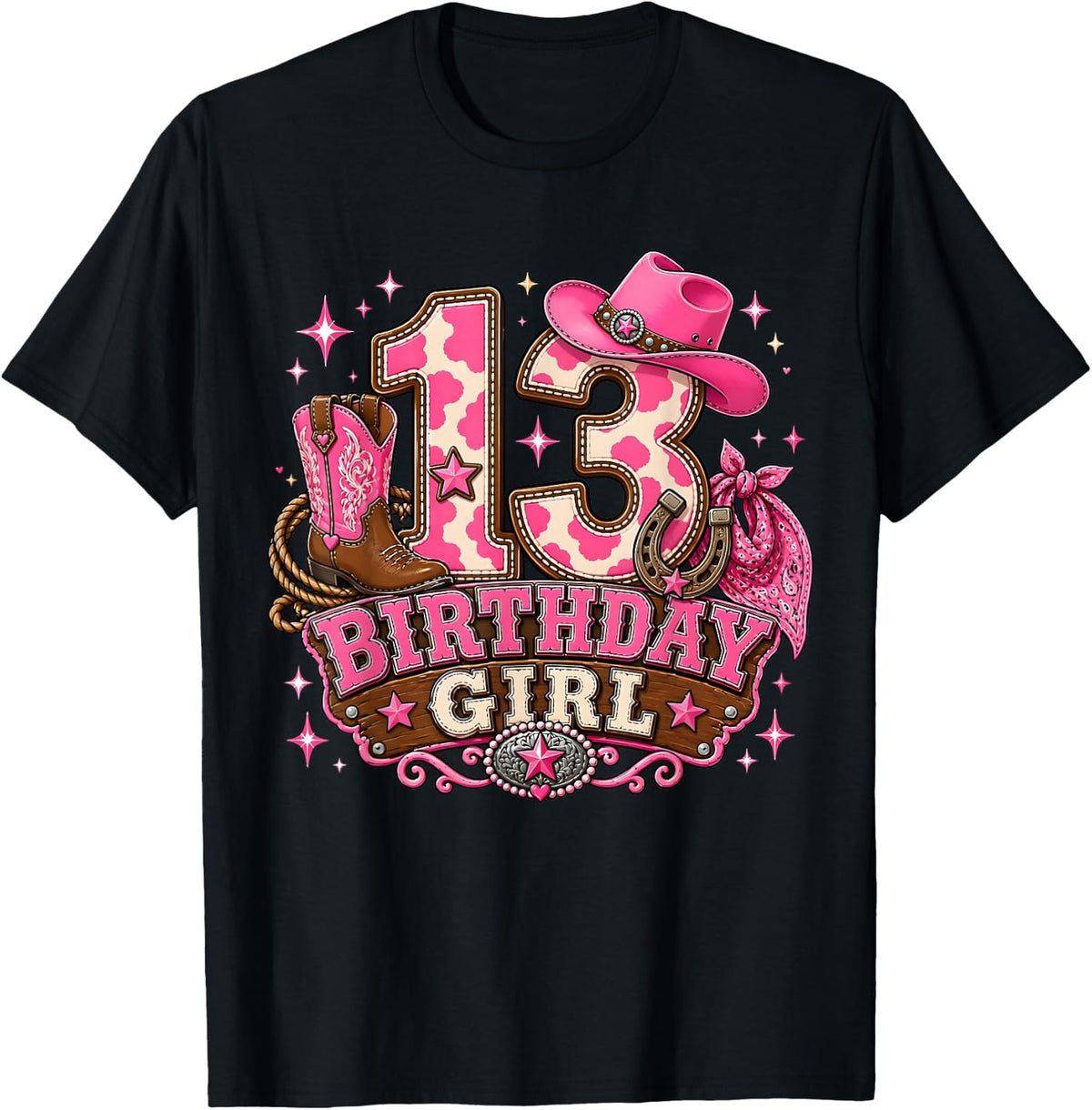 13th Birthday Girl Shirt Pink Cowgirl Western Rodeo Tee T-Shirt 13 Years Old - Black