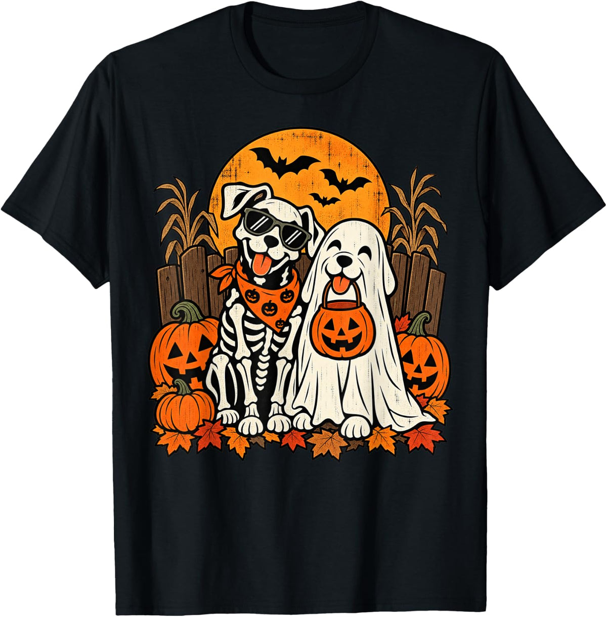 Skeleton and Ghost Dog Halloween Pumpkin Lover Funny Vintage T-Shirt - Black