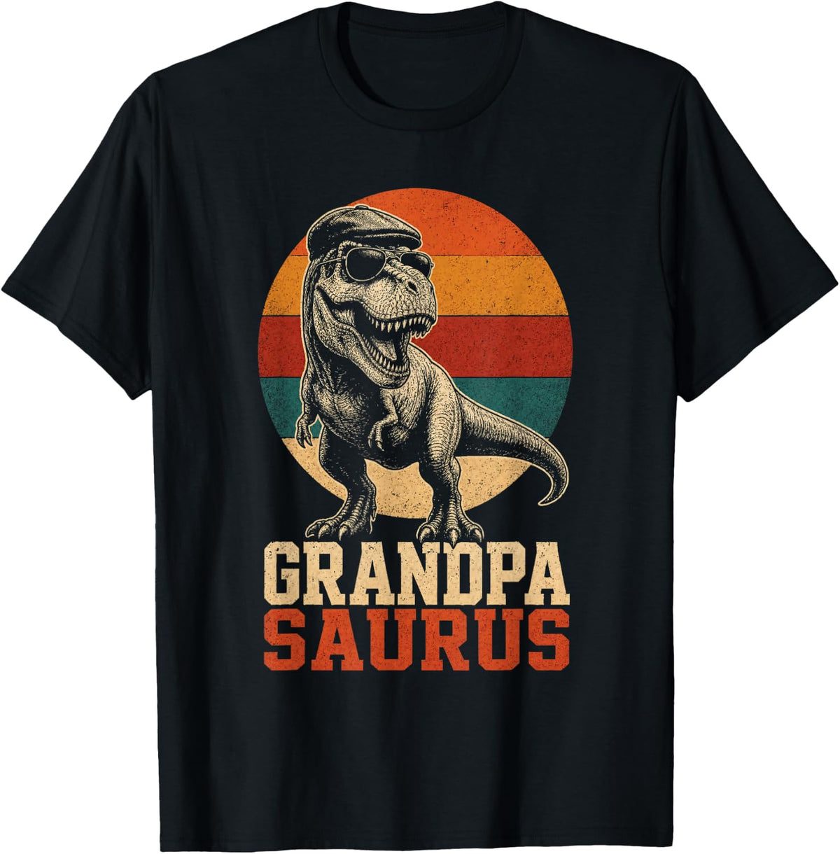 Dinosaur Grandpa Saurus T Rex Family Matching Vintage Sunset T-Shirt - Black