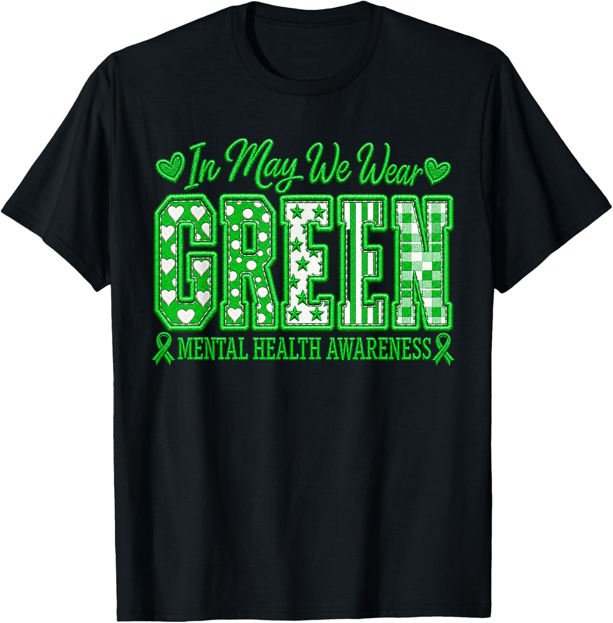 Green Ribbon Mental Health Awareness May Graphic T-Shirt - Black