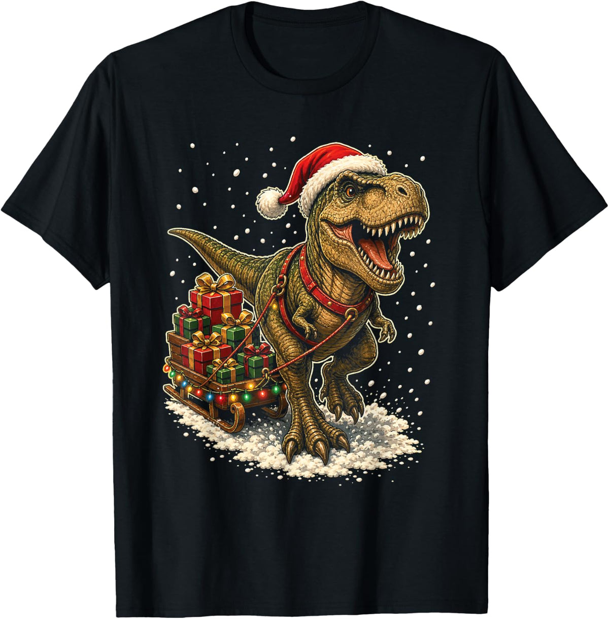 Dinosaur Christmas T Rex Santa Hat Sled Wrapped Presents T-Shirt - Black