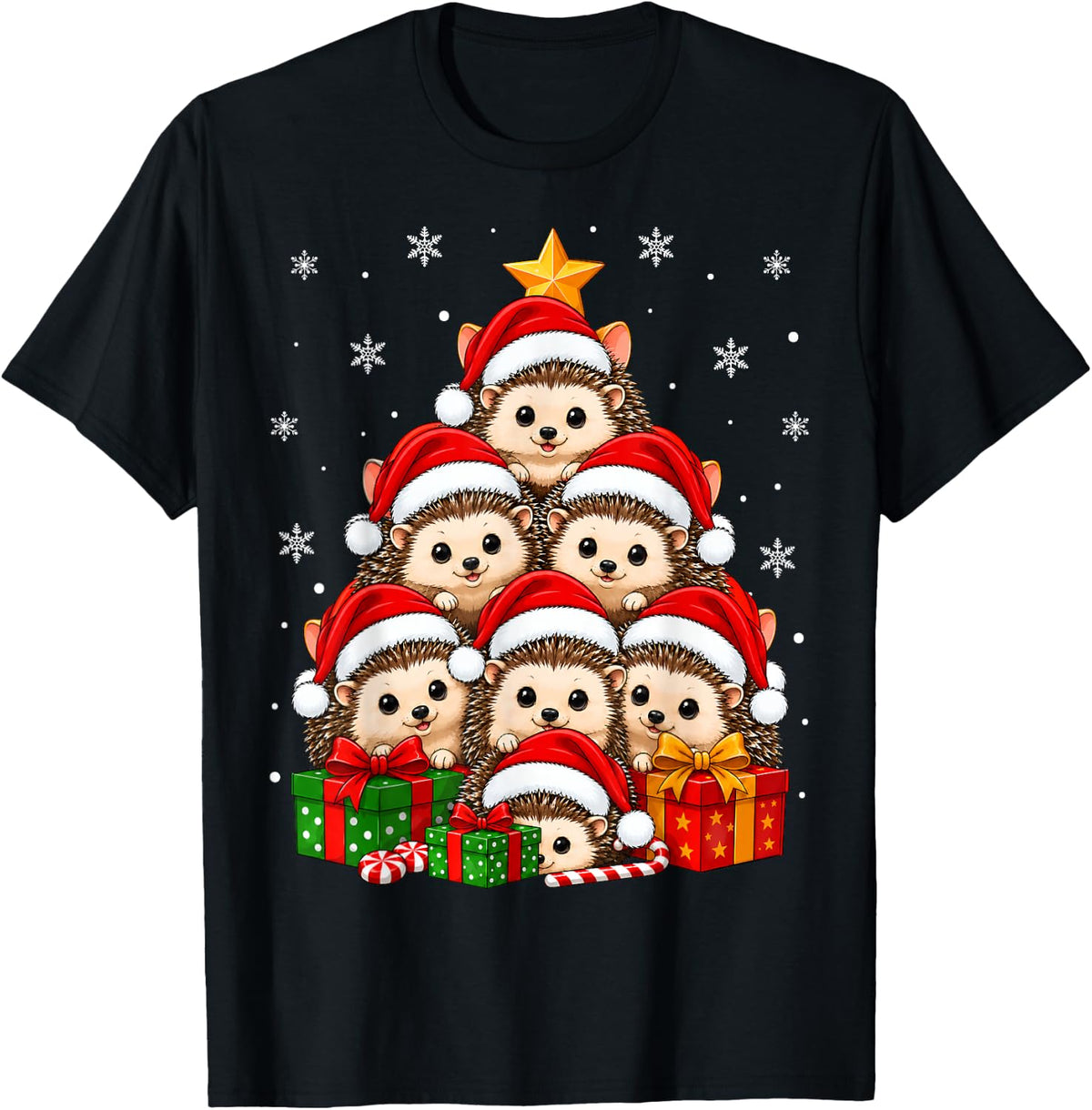 Hedgehog Christmas Tree Cute Animal Festive Santa Xmas T-Shirt - Black