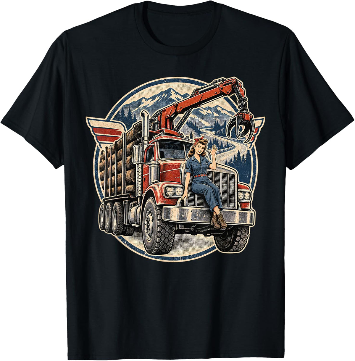 Logging Truck Pinup Emblem for Drivers T-Shirt - Black