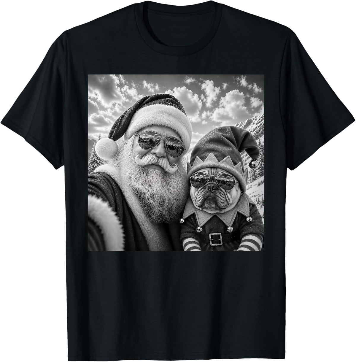 Funny Santa Selfie with French Bulldog Christmas T-Shirt - Black