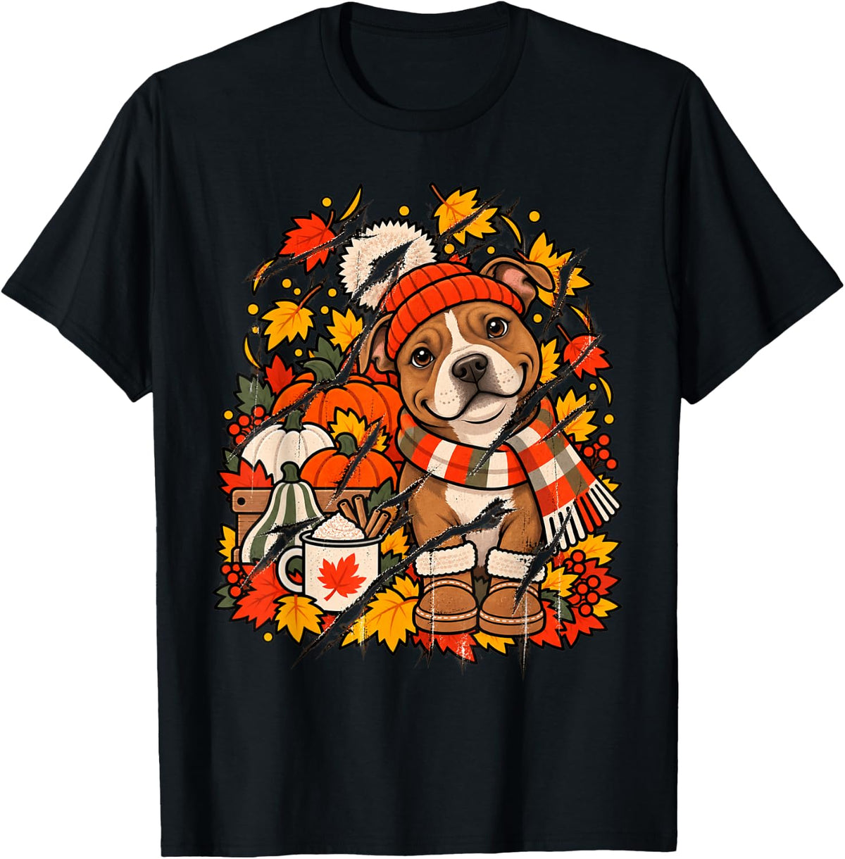 Cute Autumn Pitbull Dog Fall Thanksgiving for Women Men T-Shirt - Black