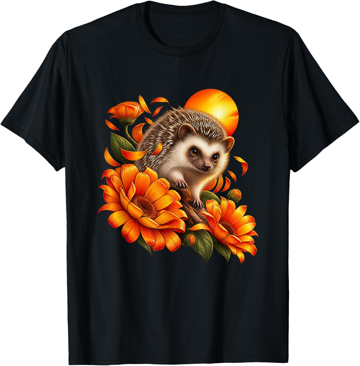 African Pygmy Hedgehog with Golden Calendula Flowers T-Shirt - Black