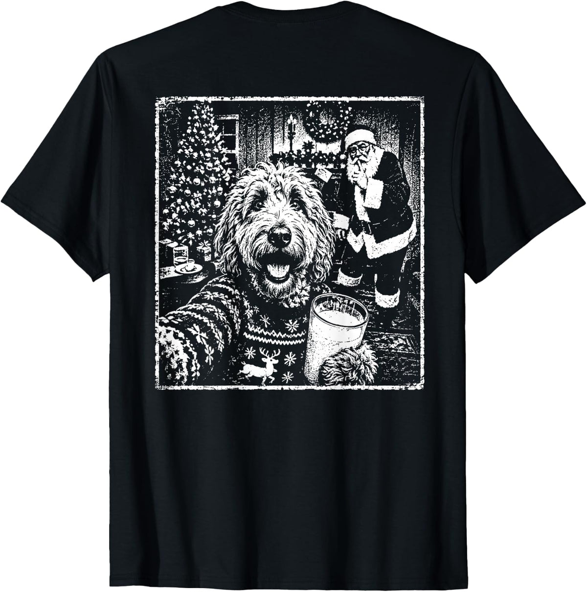 (On Back) Christmas Goldendoodle Santa Dog Selfie with Santa T-Shirt - Black