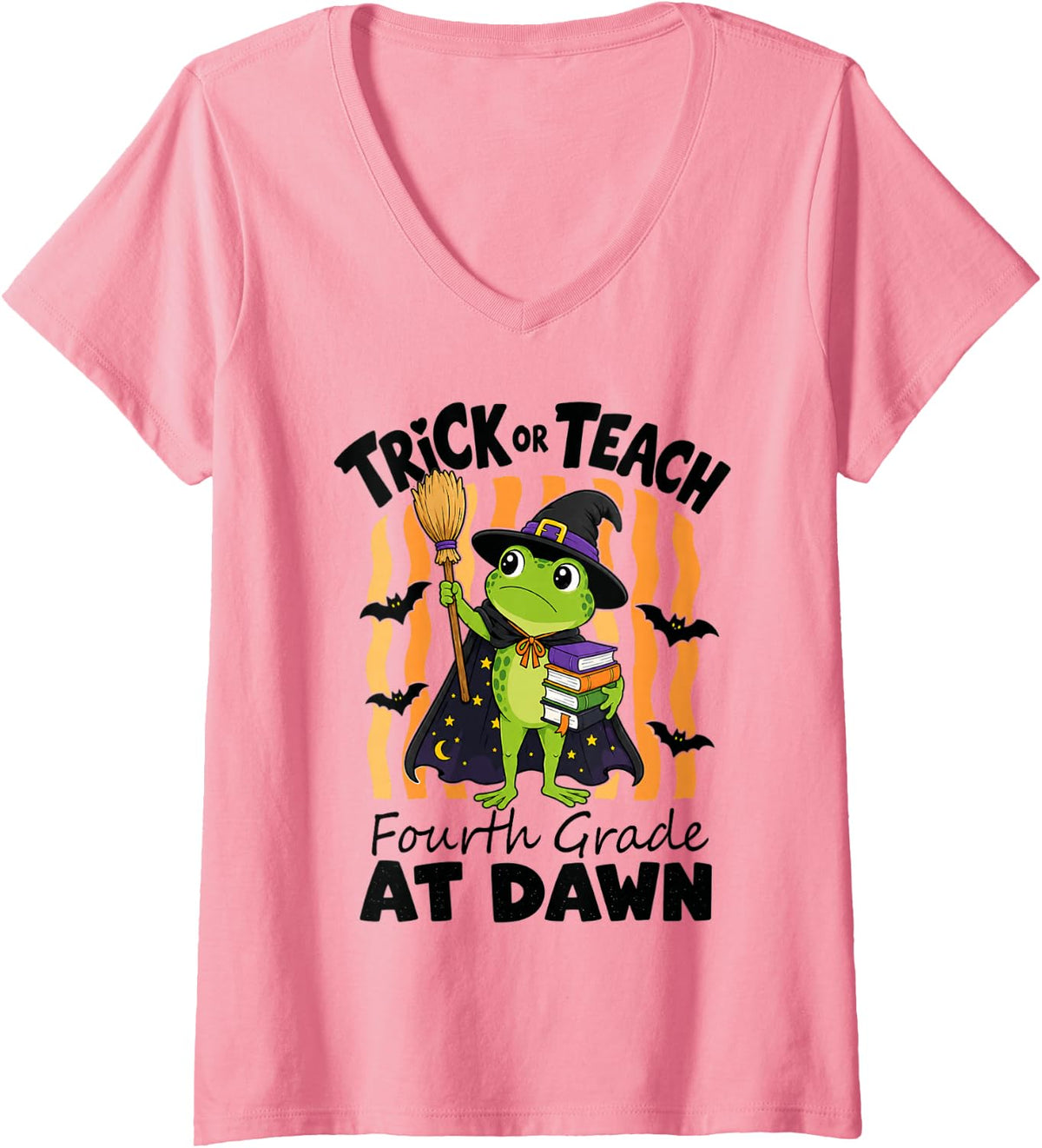 Women's Halloween 4th Grade Teacher Frog Trick Or Teach Spooky V-Neck T-Shirt - Pink
