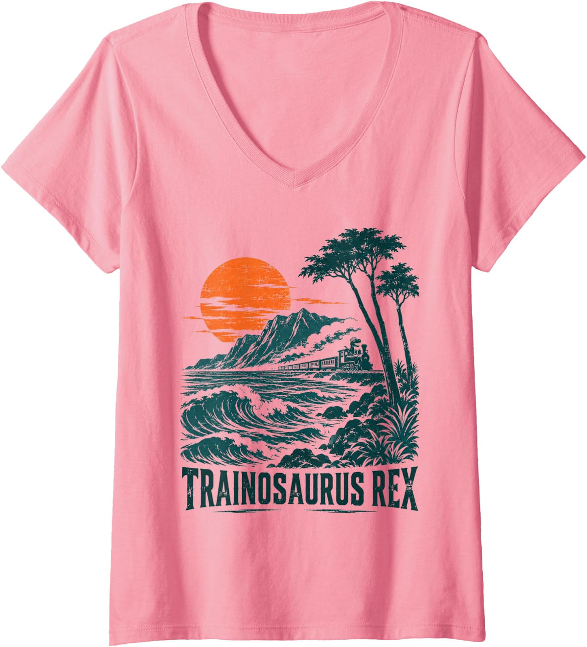 Women's TRAINOSAURUS REX Dinosaur Train Lover Retro Graphic V-Neck T-Shirt - Pink