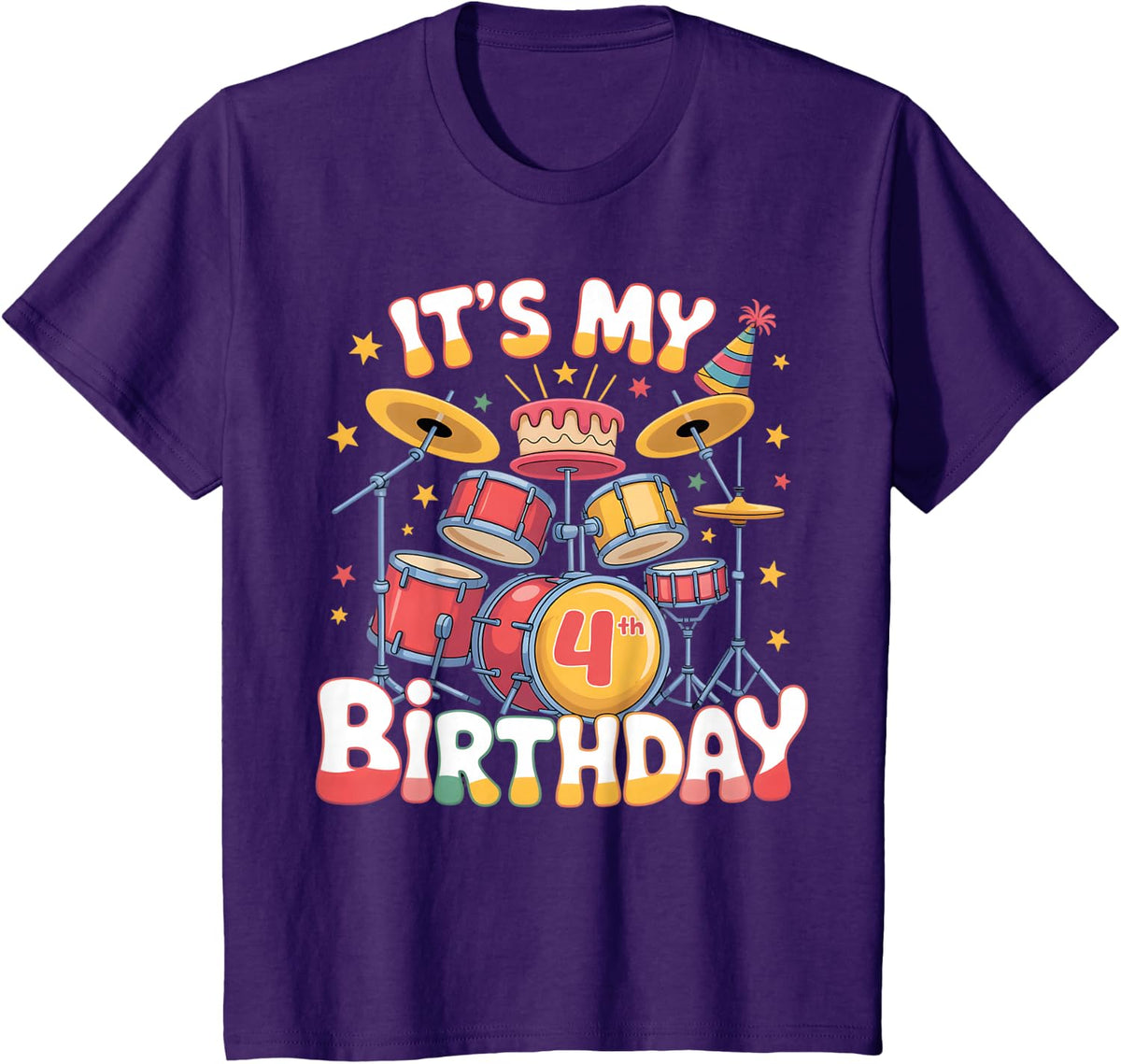 Kids 4 Year Old Drum Player Drummer Drumming Drumset 4th Birthday T-Shirt - Purple