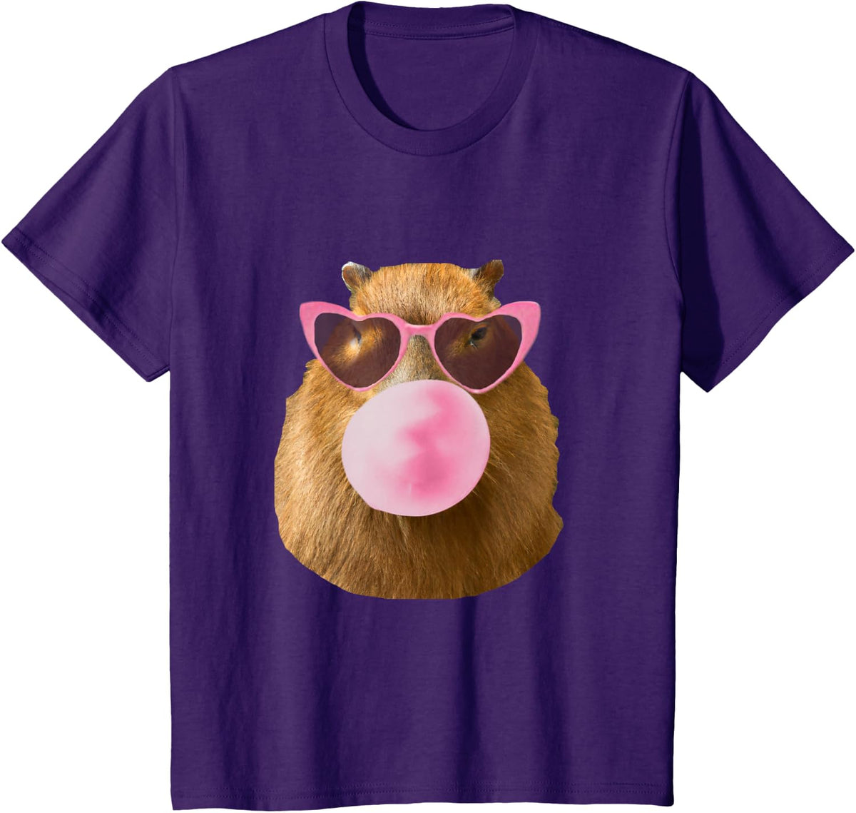 Random Galaxy Capybara Pink Bubble Gum Heart Sunglasses T-Shirt, Small, Black - Purple
