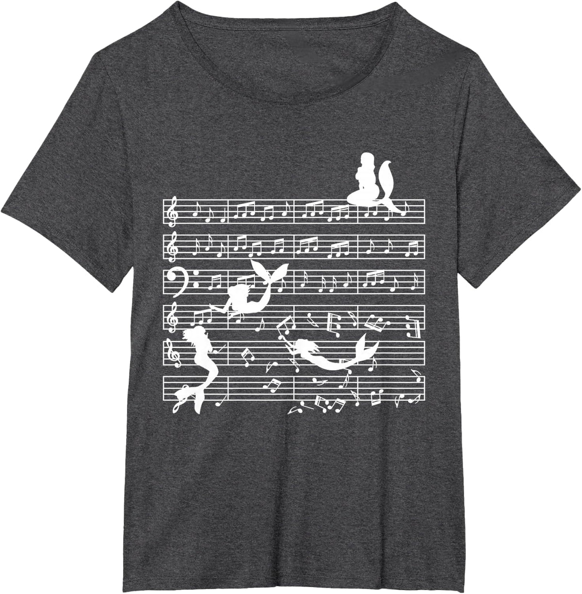 Music Notes with Mermaid on Music Sheet - Music Teacher T-Shirt - Dark Heather Grey